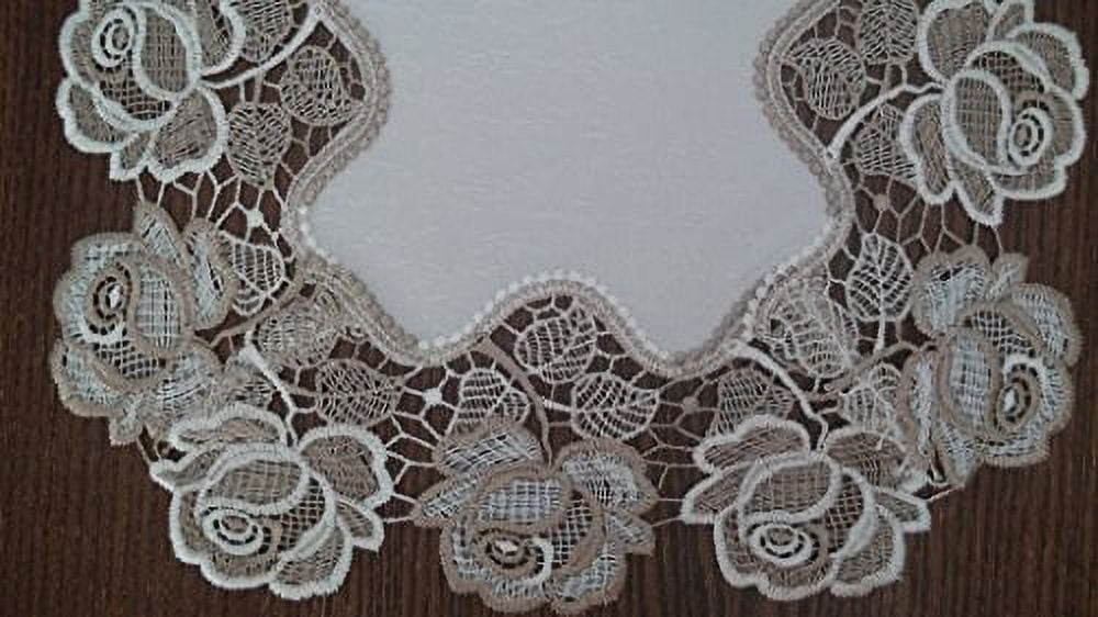 Doily Boutique Table Runner with Cocoa and Antique White Lace and Antique Fabric, Size 52 x 16 inches
