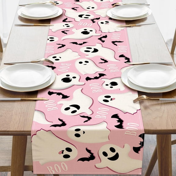 Halloween Pink Ghost Boo Dining Table Runner, Spooky Purple Jack O Lantern Pumpkin Burlap Kitchen Decoration, Funny Indoor Outdoor Home Decor Party Supply 13''x72''