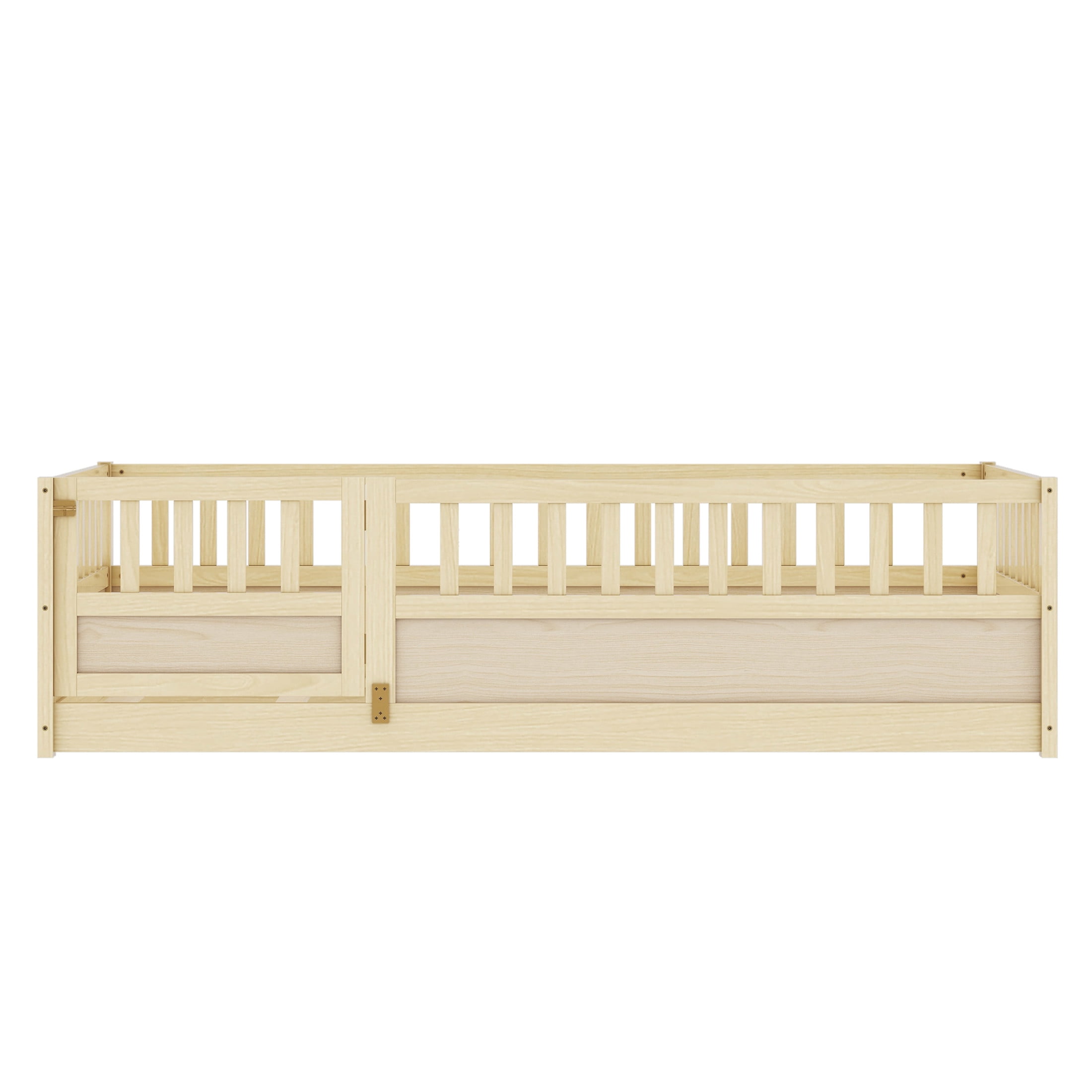 Noble House Twin Size Montessori Floor Bed with Guardrails and Door, Wood Kids Bed Frame, Natural