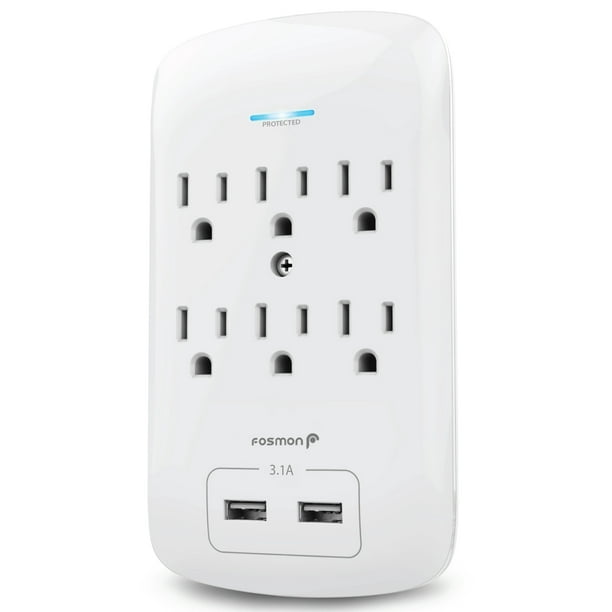 6 Outlet Wall Adapter Tap with USB Charger, Fosmon 3Prong Wall Mount