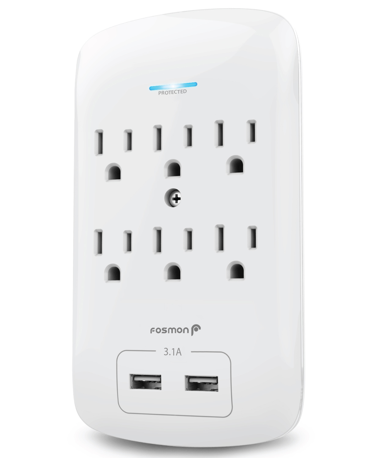 6-Outlet Wall Tap With 2 USB Ports - 2.1A Surge Protector, Space-Saving White Power Strip