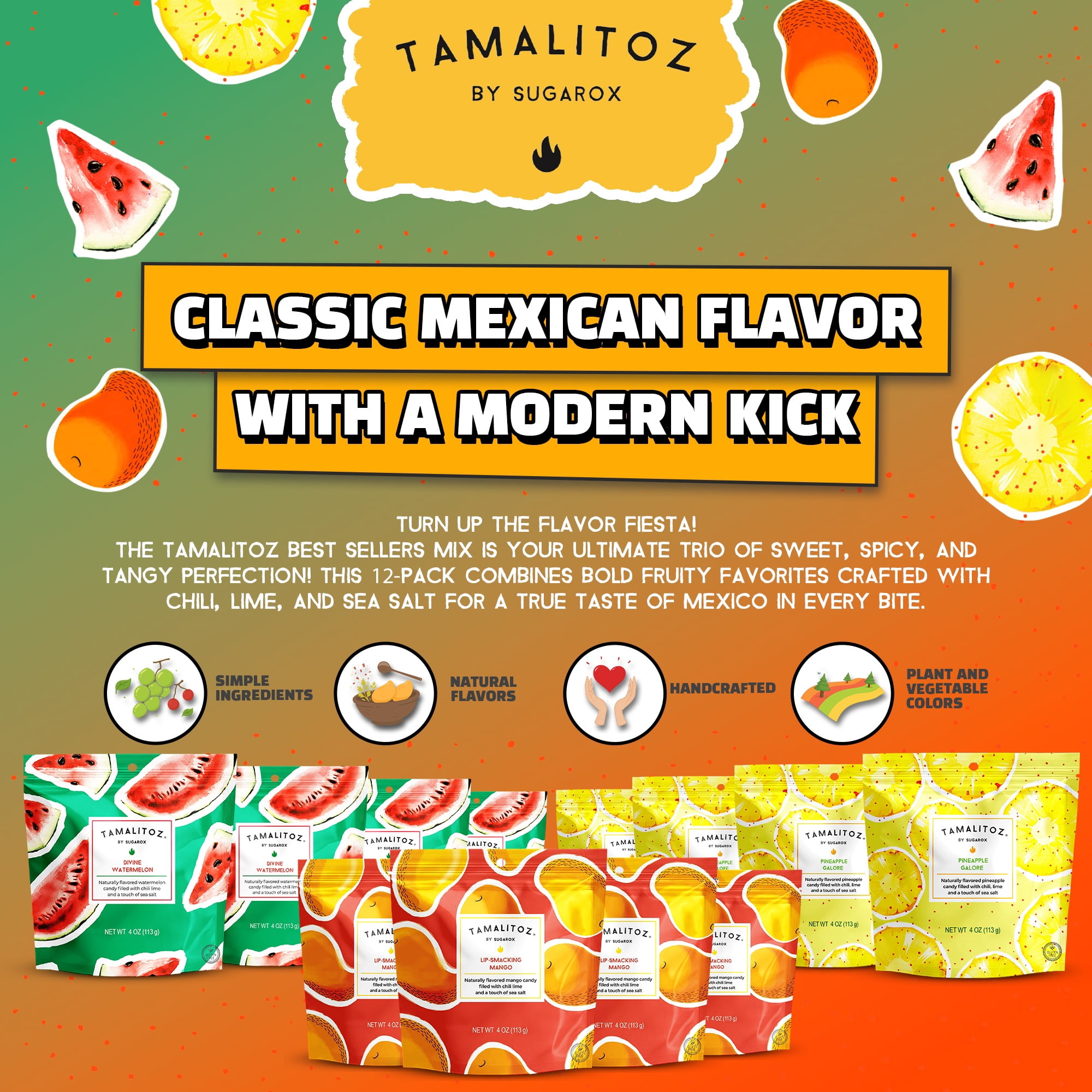 Tamalitoz Best Sellers Mix – Spicy Mango, Pineapple & Watermelon Mexican Hard Candy Filled with Chile, Lime & Sea Salt – Handcrafted Candy, Gluten-Free, Kosher, 12 Bags – 4oz Each