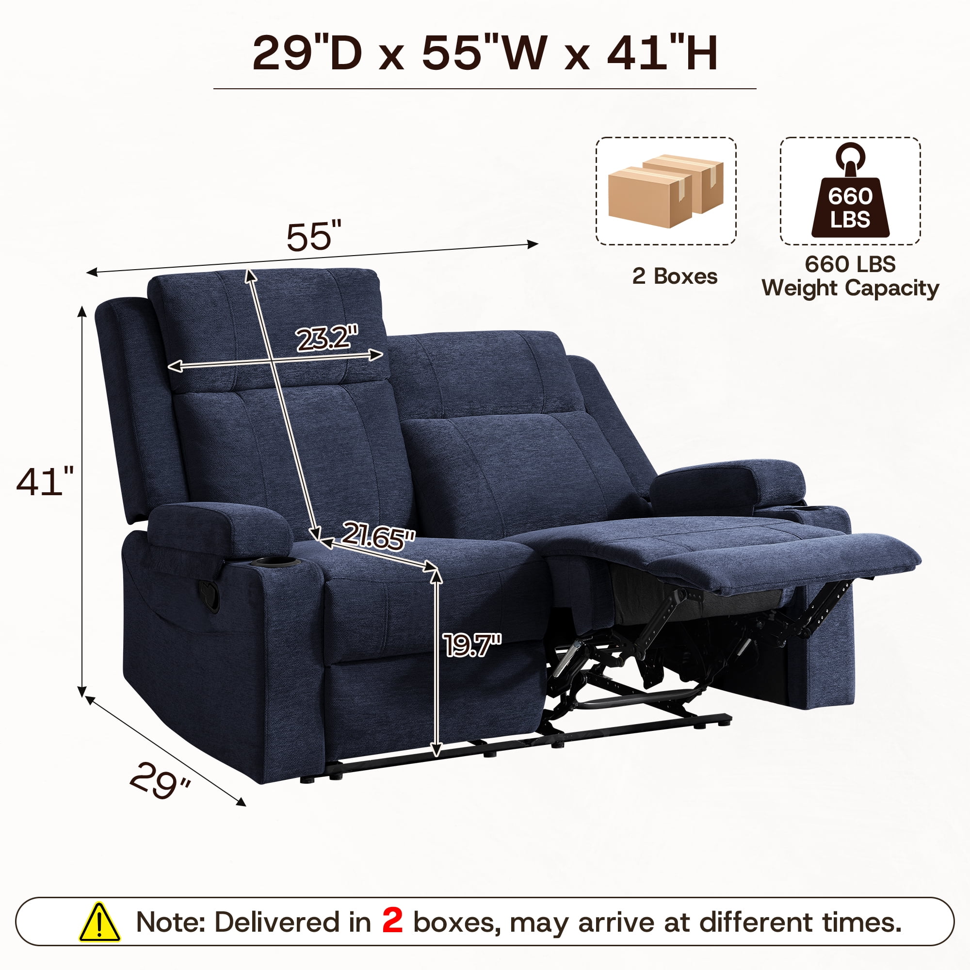 Chenille Reclining Couch, Manual Reclining Loveseat with Cup Holders, Wide Seat, Spill-Resistant Fabric, Easy Assembly, for Living Room/Apartment/RV Recliner Sofa