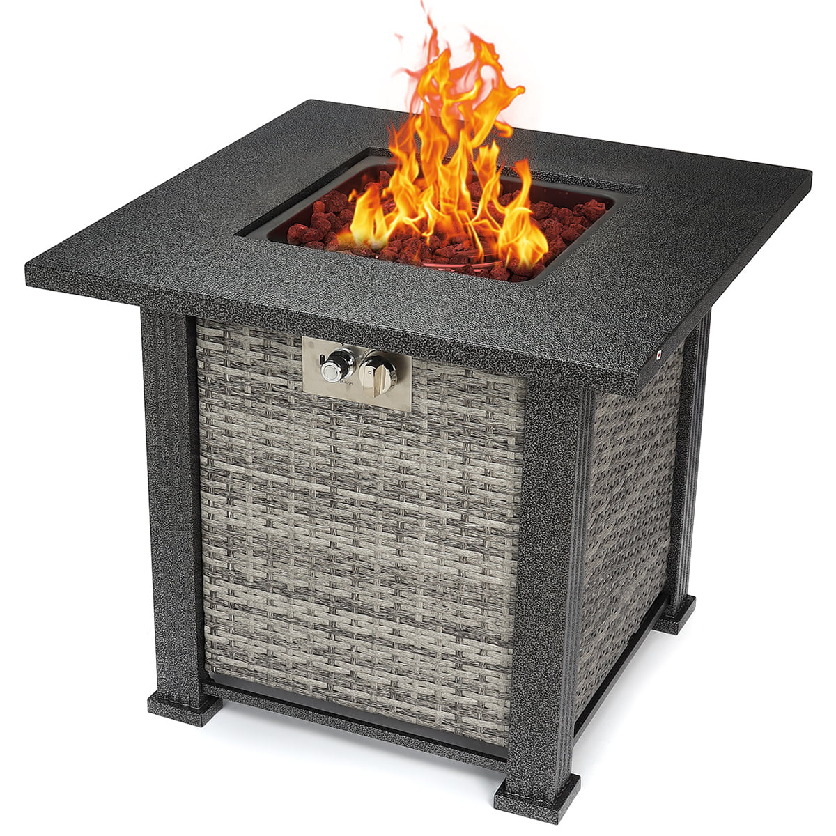 FOOWIN 28 Propane Fire Pit,2 in 1 Fire Pit Table with lid,Fire Pit Fireplace Dinning Table Lava Stone 50,000 BTU Auto-Ignition Gas and Strong Striped Steel Surface,Gift Gloves 