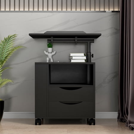 CoSoTower Height Adjustable Overbed End Table Wooden Nightstand With Swivel Top, Drawers, Wheels And Open Shelf, Black