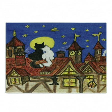 

Cat Cutting Board 2 Love Cats Sitting on Roof in Old Town and Looking at Starry Sky Night Funk Artprint Decorative Tempered Glass Cutting and Serving Board Small Size Multicolor by Ambesonne