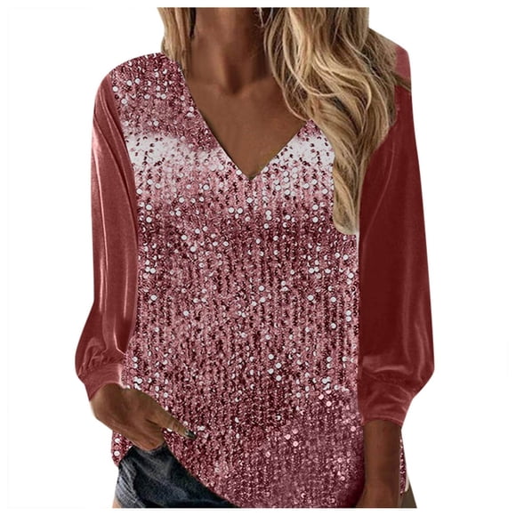 UJNDER Women's Foreign Trade V Neck Loose Shirt Sequin Long Sleeve Tops for Women Fashion Blouse for Casual Wear Red M