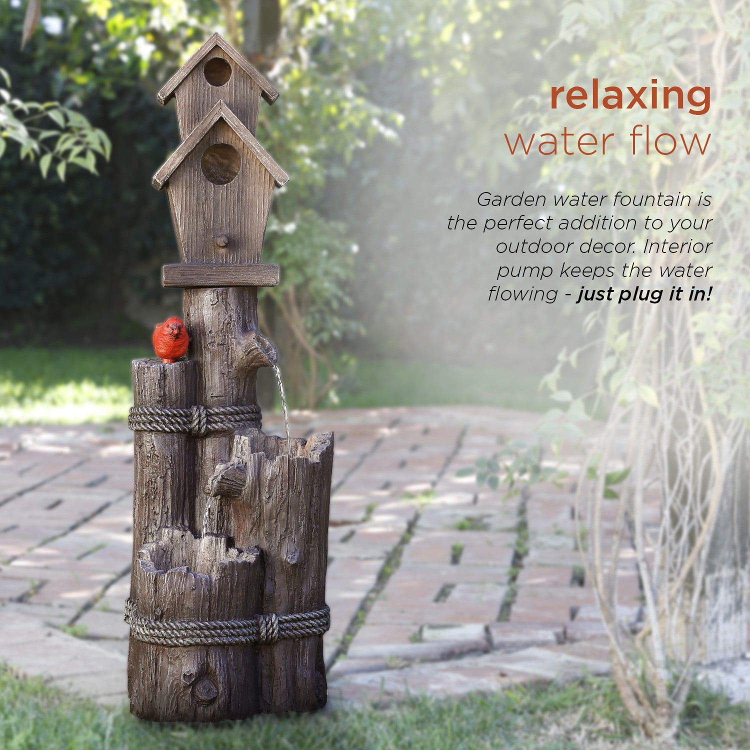 Alpine Corporation WCT1002 35" Tall Outdoor 3-Tier Birdhouse Water Fountain with Cardinal Accent, Rustic Floor Decor for Garden and Patio, Brown