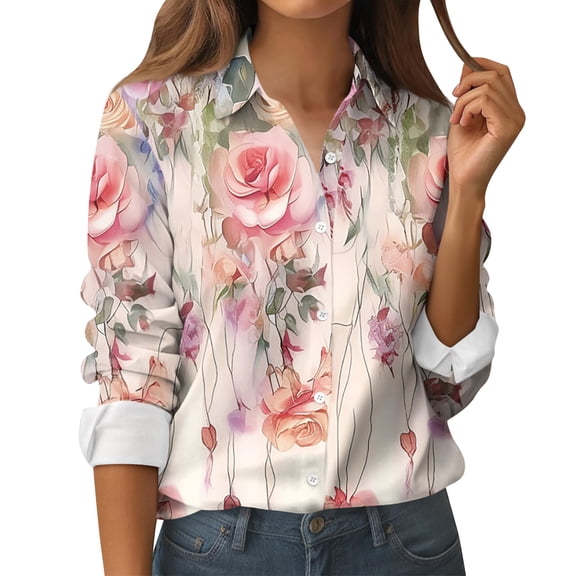 Fgvctg Womens Valentine's Day Shirts Long Sleeve V Neck Button Down Shirt Casual Date Day Love Heart Print Collared Blouse Oversized Business Casual Outfits Pink S