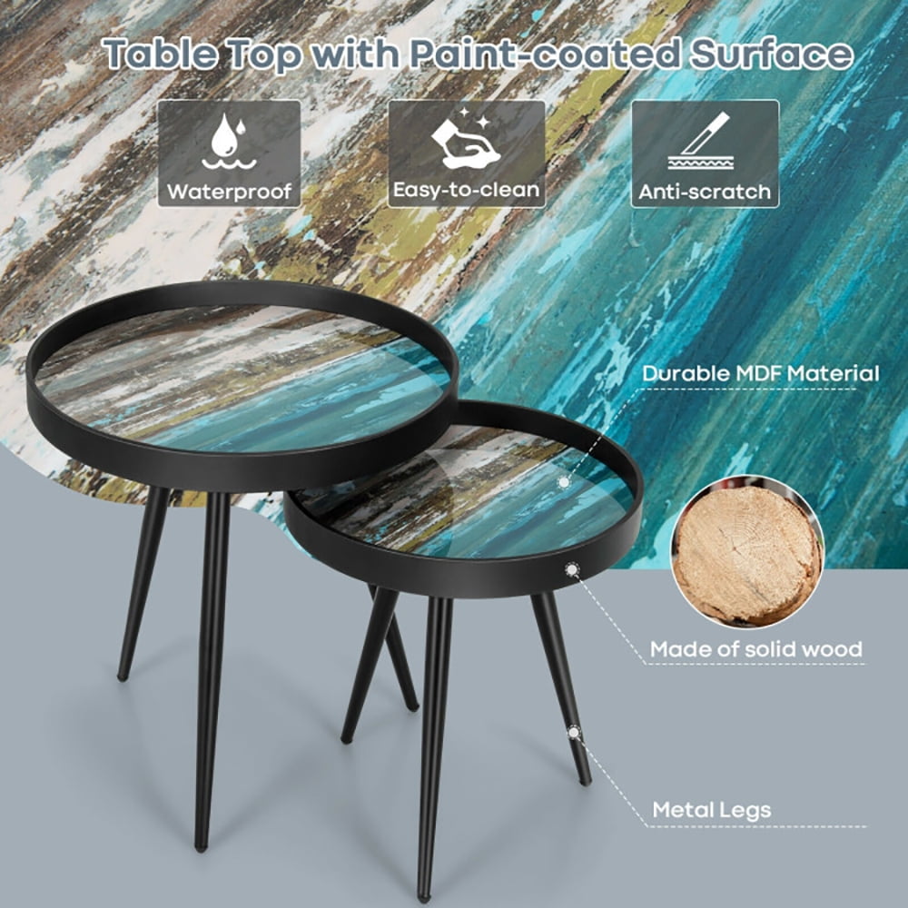 Finihen Round Nesting Coffee Table, Modern Nesting Side Set, Set of 2 Stylish Nesting End Tables with Wooden Tray Top and Steel Legs, for Living Room, Bedroom, Reception Room, Black Finihen Round Nesting Coffee Table, Modern Nesting Side Set, Set of 2 Stylish Nesting End Tables with Wooden Tray Top and Steel Legs, for Living Room, Bedroom, Reception Room, Black
