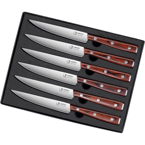 Premium Steak Knives Set of 6 in Gift Box - Polished Wood Handle, HC German Stainless Steel, Straight Edge Non Serrated - 4.8''Dinner Knife, Kitchen Tableware Knives Cutlery Set