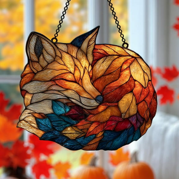 Sleepy Fox Acrylic Suncatcher, Autumn Woodland Faux Stained Glass Window Hanging, Cozy Autumn Forest Decor Gift