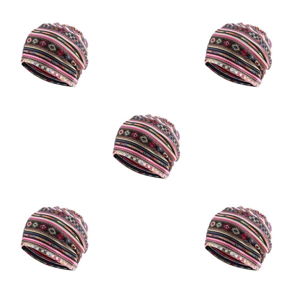 Tuque Style Bohème Hijab Imprimé Floral Turban Protection des Oreilles Bonnet Rose Rouge à Rayures Ensemble de 5
