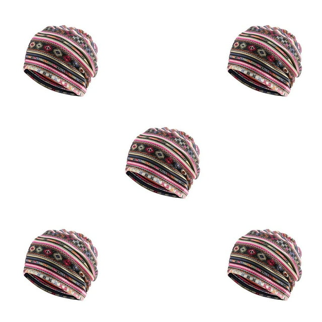 Tuque Style Bohème Hijab Imprimé Floral Turban Protection des Oreilles Bonnet Rose Rouge à Rayures Ensemble de 5