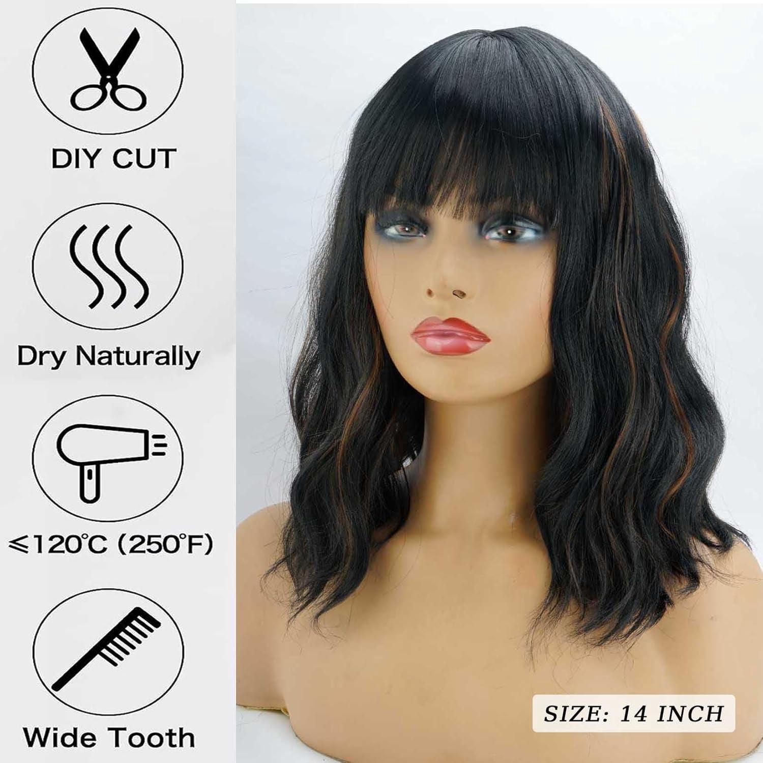 SUCS Black Wavy Wig with Bangs Soft Short Bob Wigs for Women Synthetic Shoulder Length Women's Curly Wigs