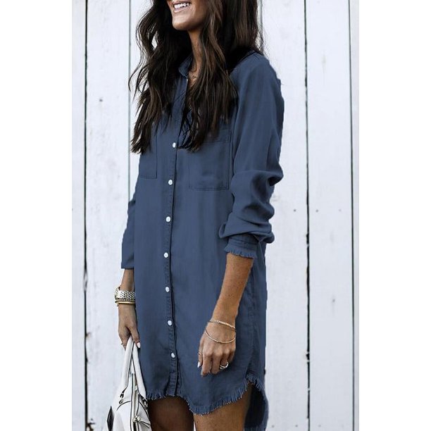 Vestido camisero vaquero Vintage para mujer, blusa informal de manga larga para mujer, Mini vestido azul