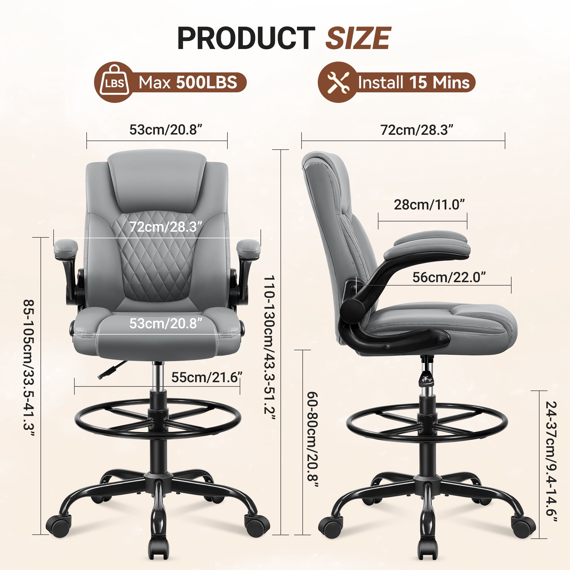 COOLHUT High Back Office Chair with Flip-Up Armrests, PU Leather Executive Ergonomic Computer Chair, Features Lumbar Support, Adjustable Foot Ring for Standing Desks, Home Offices, Gray