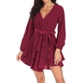 thumbnail image 4 of Aiyino Women's Dress Deep V-Neck Long Sleeve Waist Tie Ruffle Mini Swing Skater Dresses,Wine Red, 4 of 6
