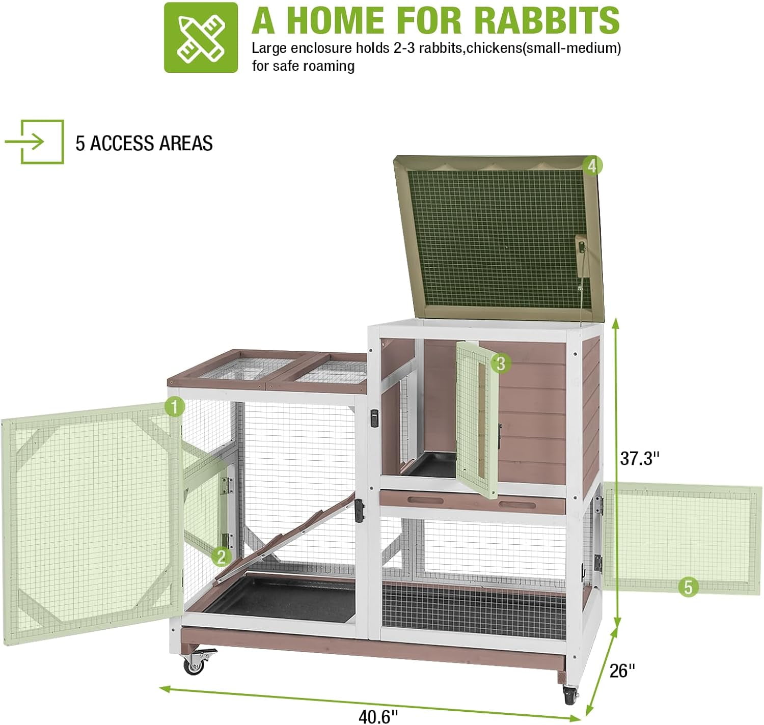 2-Story Rabbit Hutch Bunny Cage with Leak-Proof Trays & Chew-Proof Ramp - Indoor/Outdoor 39.3" Wooden Rabbit Cage with Wheels (Brown)