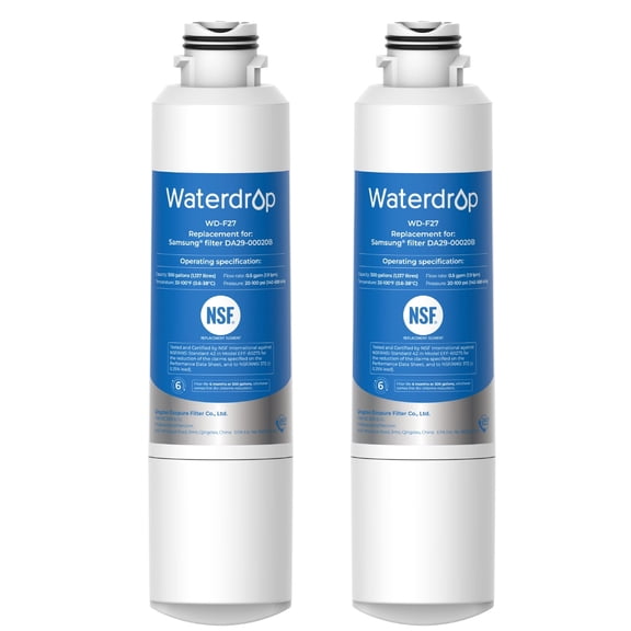 Waterdrop F27 Refrigerator Water Filter Replacement for Samsung®DA29-00020B HAF-CIN/EXP, HAF-CINRF28HMEDBSR, RF263BEAESR, RS25J500DSR, RF263TEAESG, HDX FMS-2, DA97-08006A-1, 2 Filters