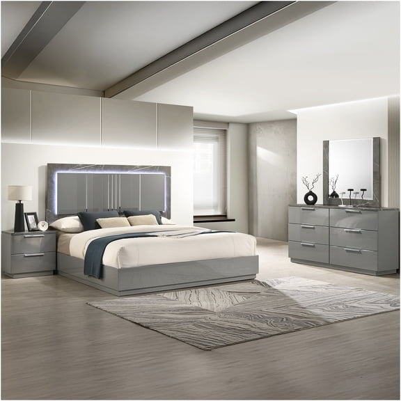 JERFIT Modern Queen Bedroom Set with LED Headboard, High-Gloss Marble Finish Dresser, Nightstand & Mirror, 4-PC Gray Furniture