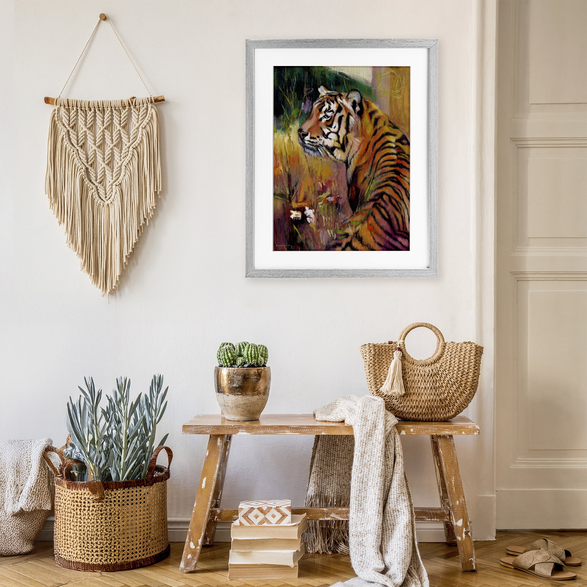 Stupell Industries Patience Tiger in Wait Gray Framed Print Under Glass, design by Karen Chang