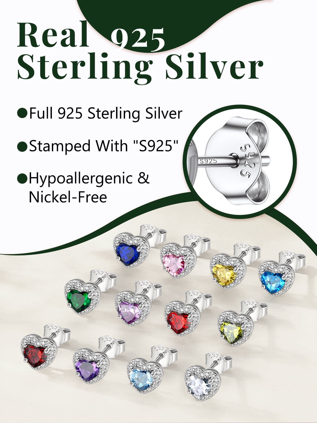 Silvora 925 Sterling Silver Heart Stud Earrings for Women May Birthstone Elegant Earring Birthday, Anniversary, Christmas Jewelry Gift