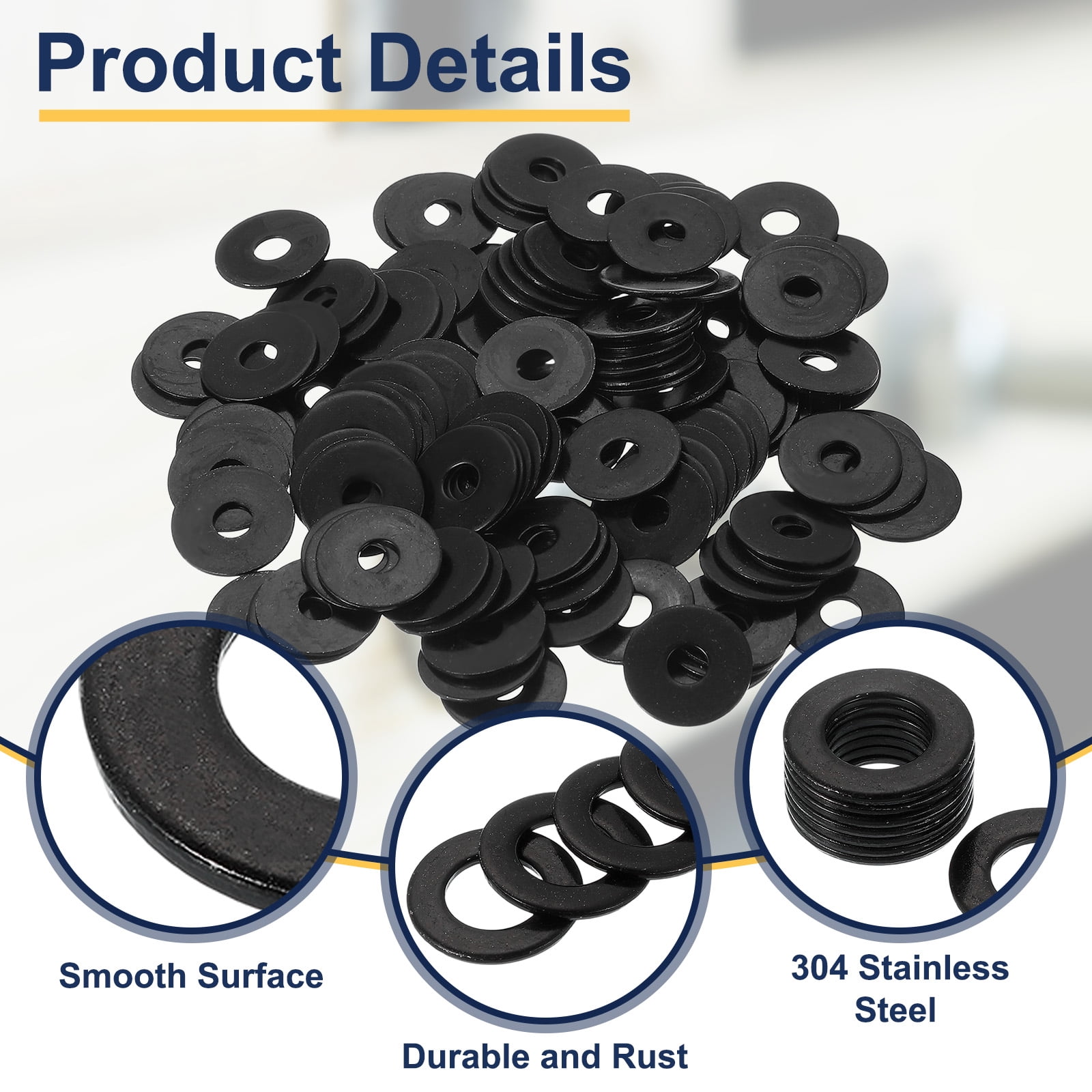 120 Pcs Flat Washer for Screws, Stainless Steel Washers 5mm ID x 18mm OD x 1mm Thick for Bolts, Factories Repair, Kitchens, Shops, Black