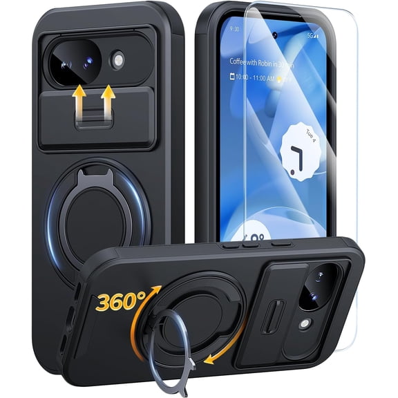 HCTian For Google Pixel 10A Case, Ring Holder Stand Kickstand, Slide Camera Cover with Screen Protector, Dual-Layer Shockproof Protective, Magnetic Accessory Friendly Google Pixel 10a Phone Case