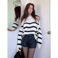 thumbnail image 6 of Pullover Knit Sweaters for Women Loose Fit Striped Long Sleeve Casual Fall Fashion Tops Sex-Y Cold Shoulder White One size, 6 of 9
