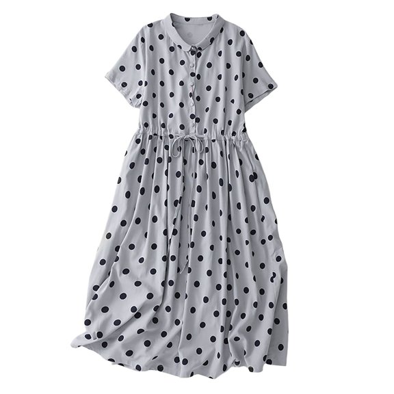 ZQUUVOU Women's Vintage Linen Dress Polka Dot V Neck Short Sleeve Maxi Dress Collared Casual Fit Flowy Long Dress Blue
