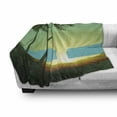 thumbnail image 3 of Island Soft Flannel Fleece Throw Blanket, Sunrise in a Tropical Place and Palm Trees Silhouettes Illustration Art, Cozy Plush for Indoor and Outdoor Use, 60" x 80", Seafoam Lime Green, by Ambesonne, 3 of 6