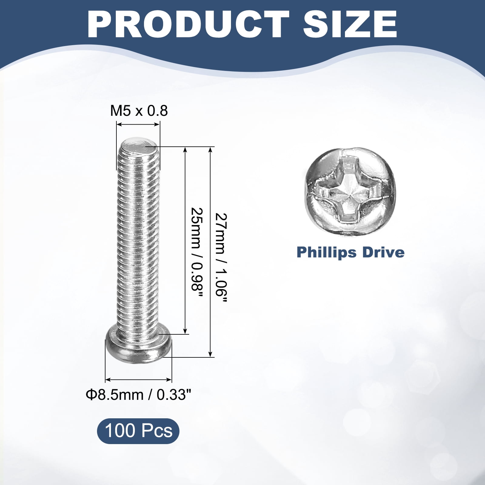 Uxcell M5x25-0.8mm Pan Head Machine Screws, Phillips Drive for Computers, 100 Pcs