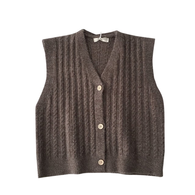 Chaleco de mujer Chaleco sin mangas con botones Top de punto con cuello en V informal, Marrón Yuarrent AP001560-02B