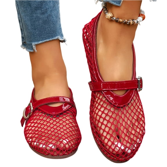 Nestiefly Mesh Ballet Flats for Women Buckle Strap Comfy Casual Office Fishnet Ballerina Flat Shoes Red 38