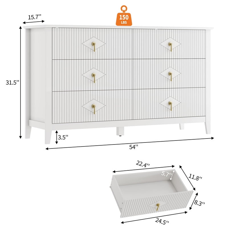TROPOW Fluted 6 Drawers Dresser for Bedroom, 54" Wide Modern Chest of Drawers with Metal Handle, Wooden Dresser Organizer for Bedroom, Living Room, Hallway, Entryway