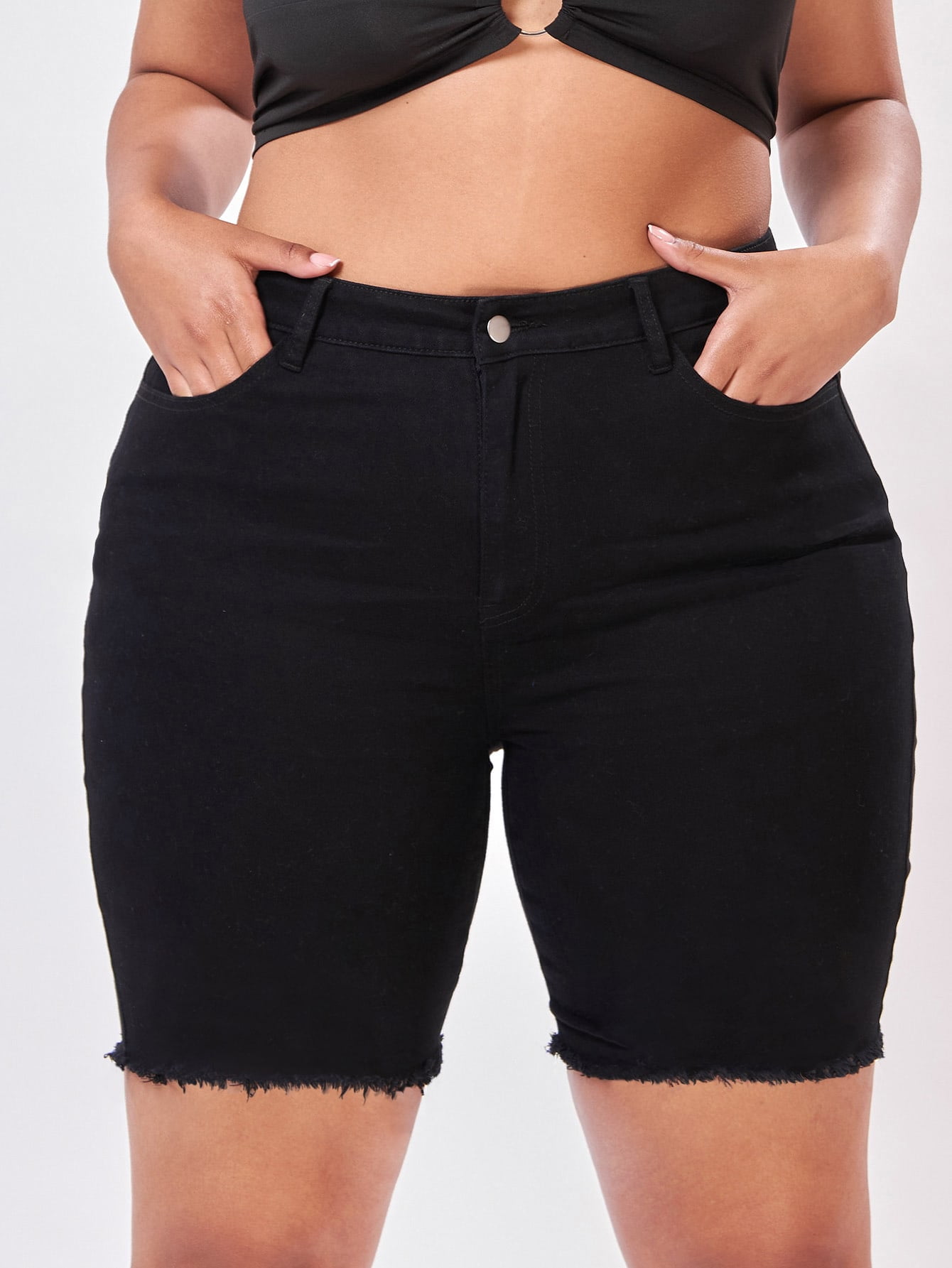 High Waist Raw Trim Denim Shorts 0XL(12 