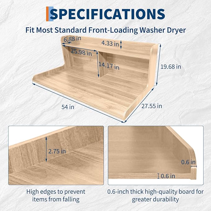 2 Tier Washer Dryer Countertop with Shelf, 54x27.5 Inch Waterproof Wood Laundry Room Topper, Large Washer and Dryer Topper with Storage for Laundry Organization, Wood Color