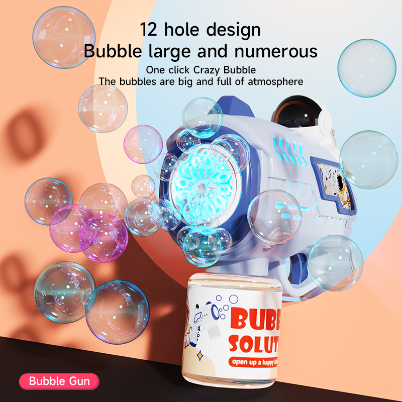 1Pc Blue Kids’ Electric Space-Themed Bubble Blower (12-Hole Design & Built-In Lights) – Leak-Proof Toy for Kids, Batteries & Bubble Solution Not Included