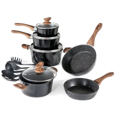 MF Studio 15-Piece Kitchen Cookware Set Pots and Pans Non-stick Set, Hammered Granite Cookware with Lid, Black