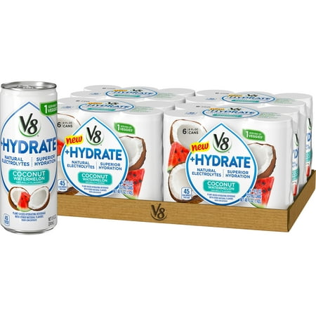 (24 Cans) V8 +Hydrate Plant-Based Hydrating Beverage, Coconut Watermelon, 8