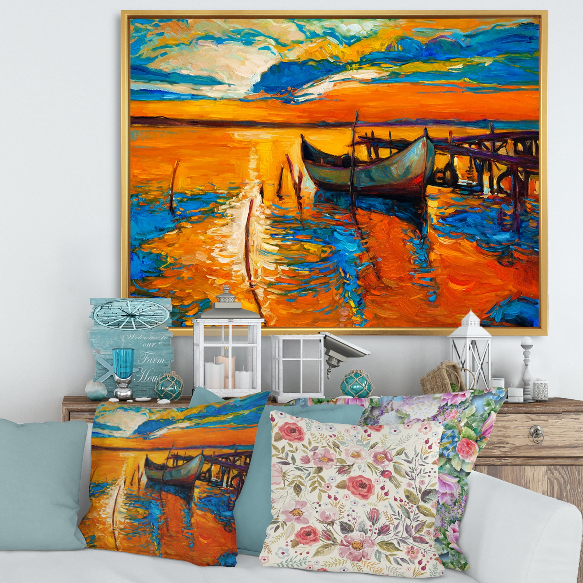 Designart 'Boat At The Lake During Evening Glow VII' Nautical & Coastal Framed Canvas Wall Art Print