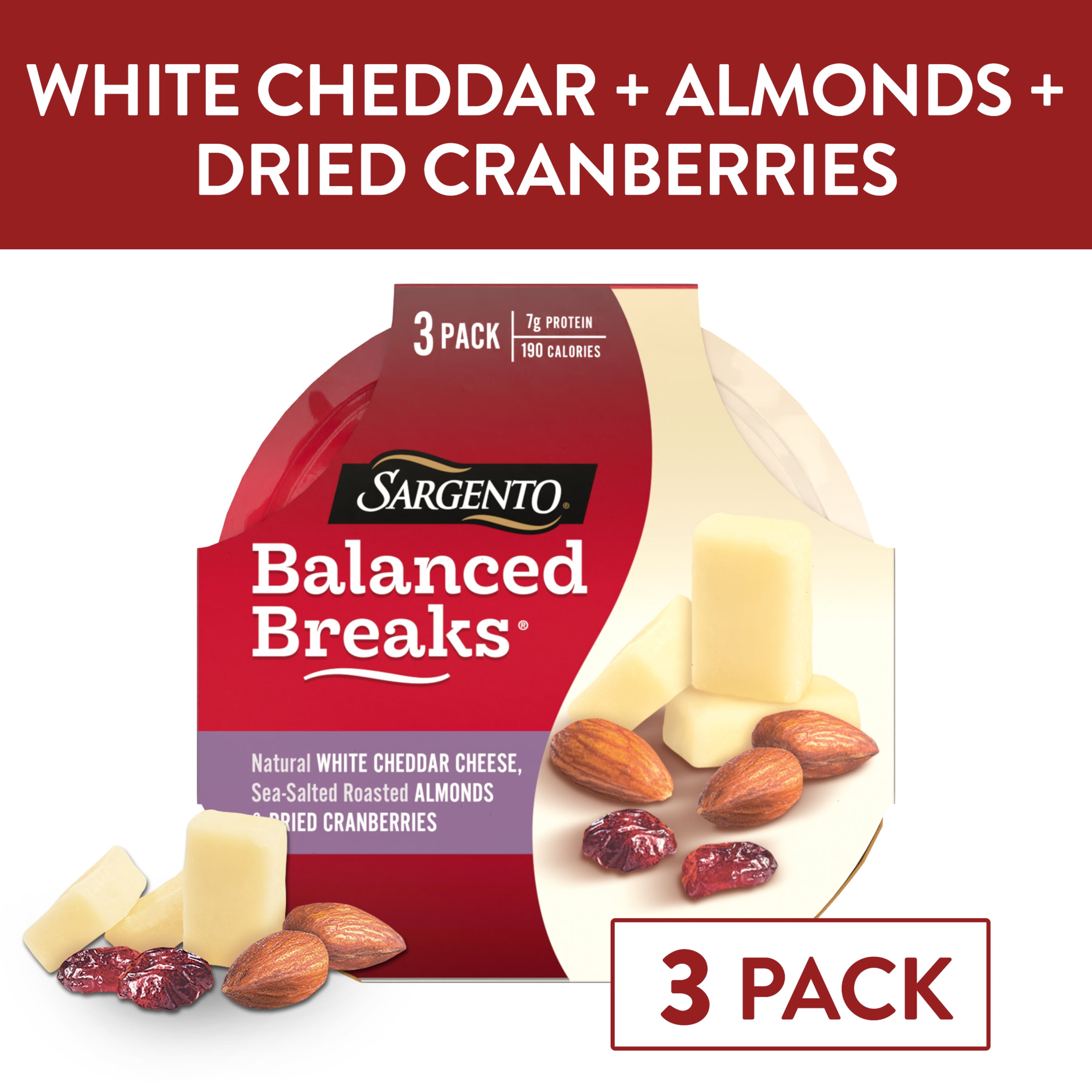 Sargento Balanced Breaks Snacks Natural White Cheddar Cheese, Sea-Salted Roasted Almonds and Dried Cranberries, 3-Pack