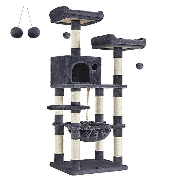 FEANDREA 56.3 Inches Cat Tree Tower, Scratching Post Plush Perch Hammock Condo, Smoky Gray UPCT15GYZ