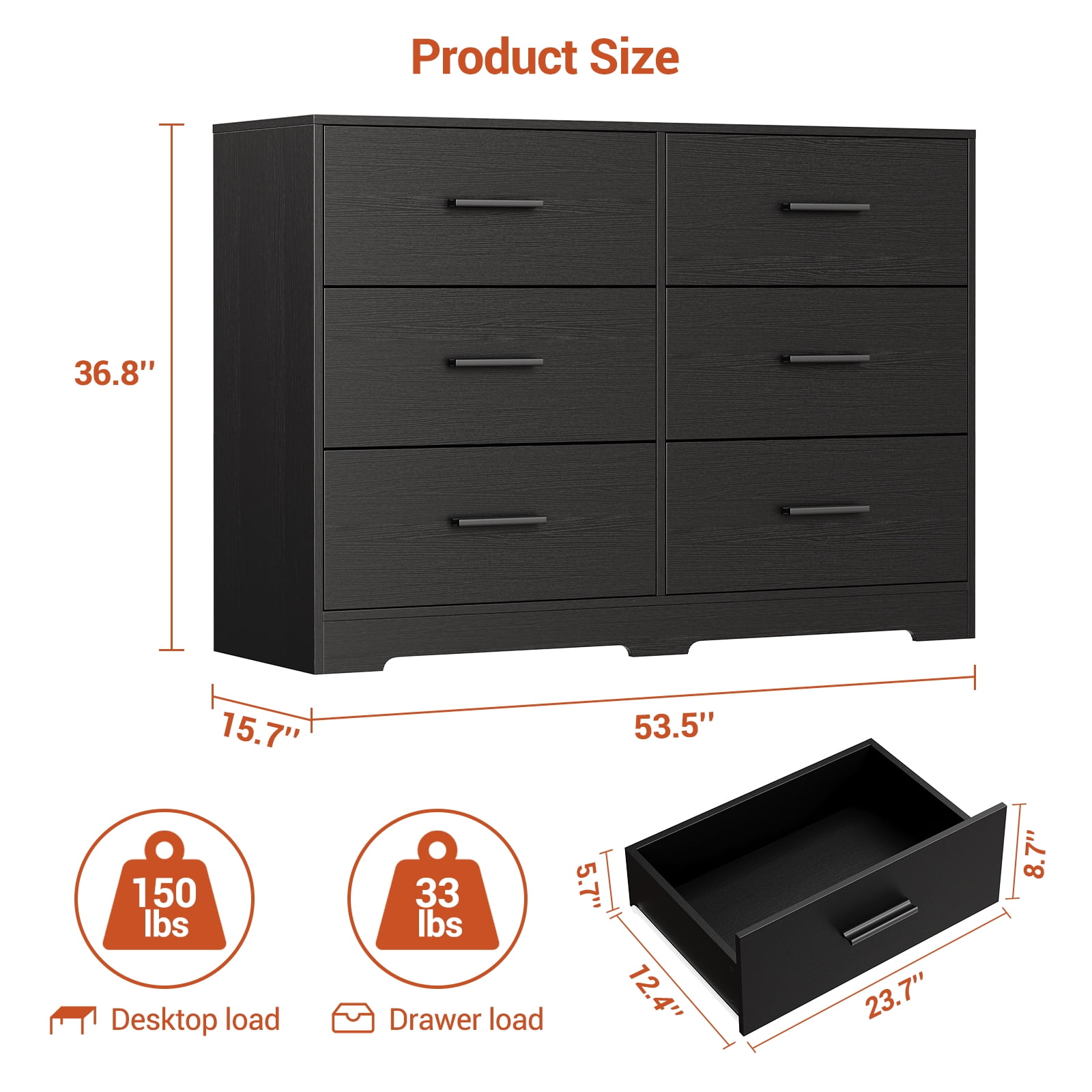 Garvee 6 Drawers Dresser, Modern Closet Dressers Chest of Drawers with Metal Handle, Wooden Dresser Organizer for Bedroom, Living Room, Hallway, Black