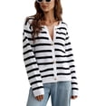 thumbnail image 1 of Las mujeres de manga larga de punto Cardigan Button Down Crew Striped Regular Fit Knit Sweater, 1 of 7