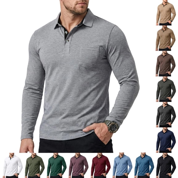 Lumtrix Men's Long Sleeve Polo Shirt Casual Dress Button Down T Shirt with Pocket Basic Lightweight Collared Golf Shirt Wine 2XL