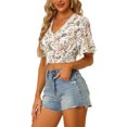 thumbnail image 4 of Unique Bargains Hauts Courts Smockés à Manches Courtes Évasées à Fleurs pour Femmes, Col en V, Blanc L, 4 of 6