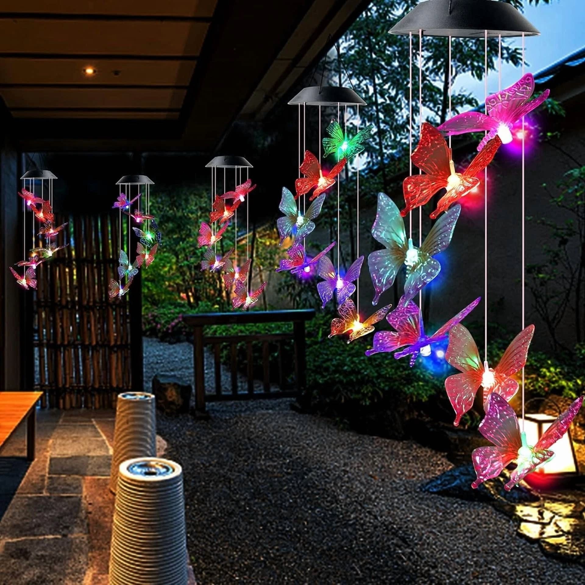 BUTTERFLY- Butterfly Solar Wind Chimes Outside Decor Hanging Garden Patio Yard Porch Garden