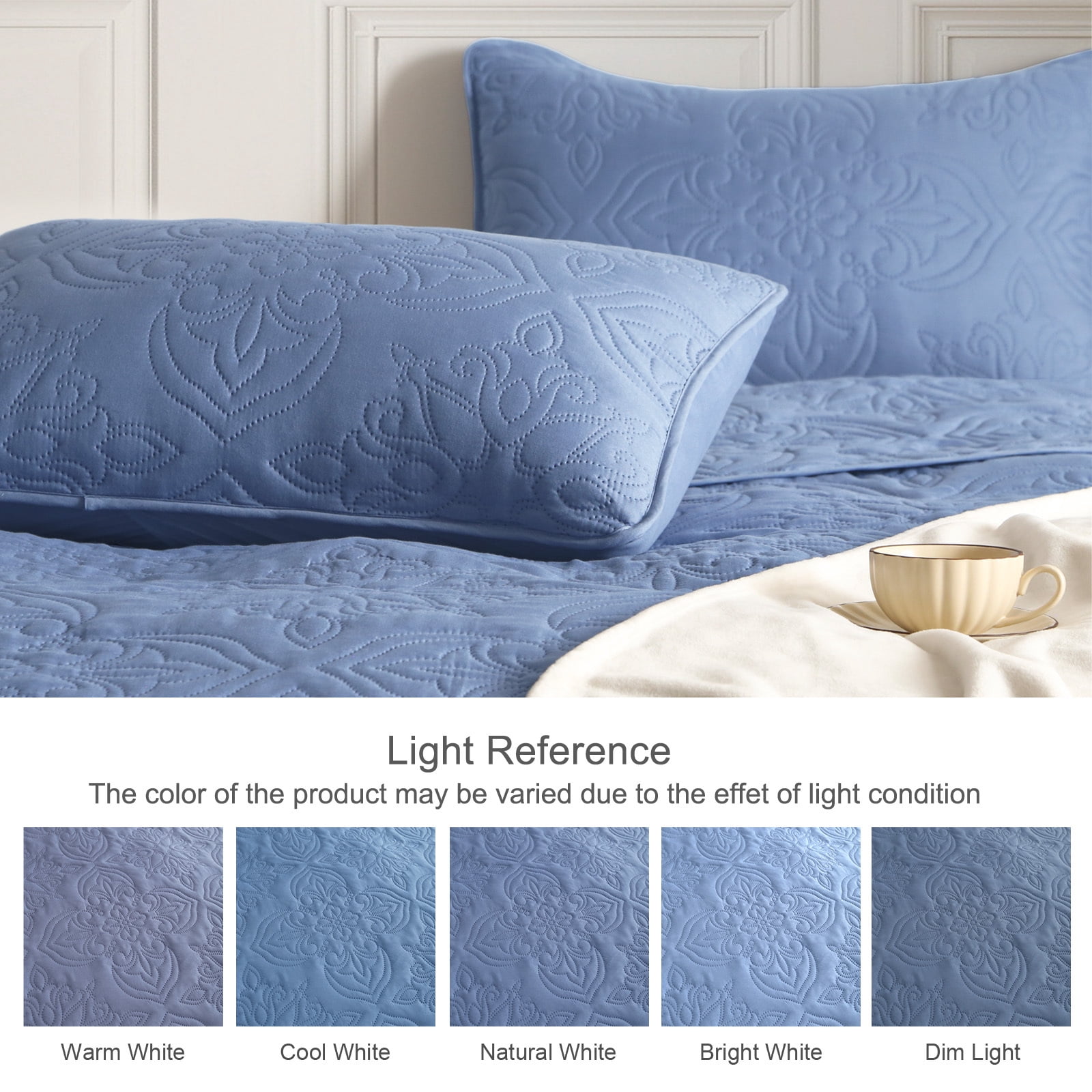Whale Flotilla Soft King Quilt Bedding Set for All Seasons, Elegant Vintage Damask Ultrasonic Quilts Set, Lightweight Reversible Bedspread, Coverlet, Bed Cover with 2 Pillow Shams, Bluish Grey